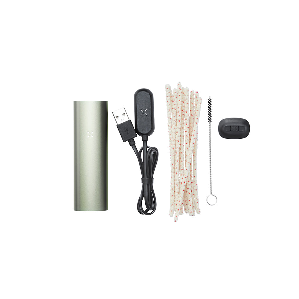 PAX 3 Basic Kit with vaporizer battery, USB charger, cleaning swabs, bristle brush, and mouthpiece cover for optimal dry-herb vaping experience.