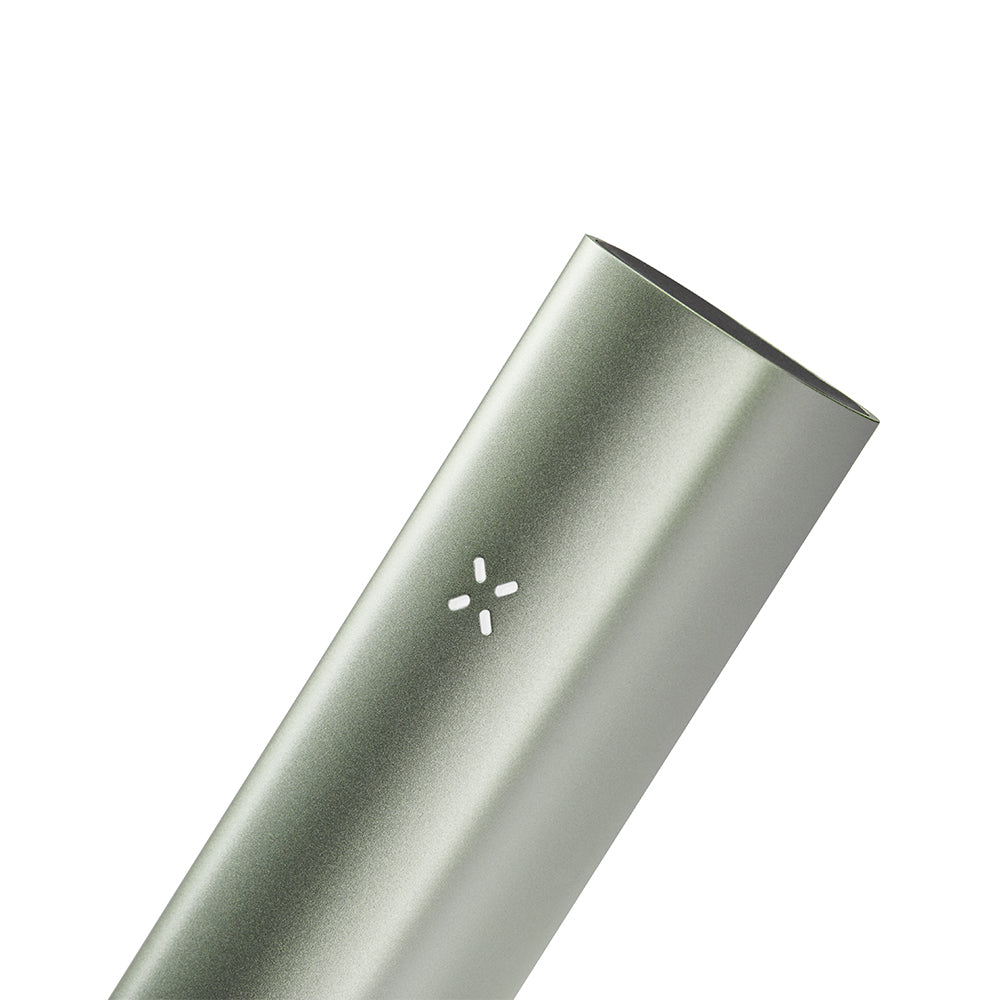 PAX 3 Basic Kit vaporizer, barrel-shaped with polished anodized aluminum body, angled view showing its signature four-dot LED indicator for an elevated flower experience.