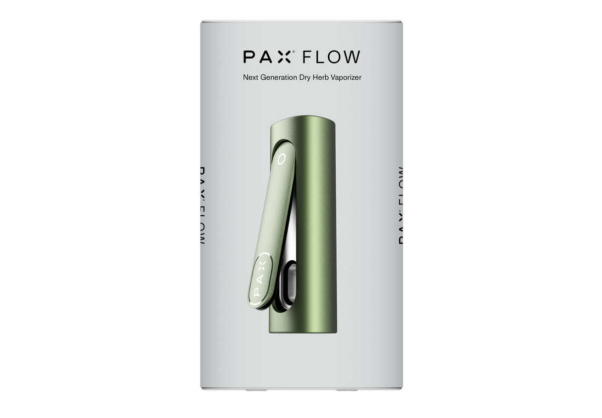 PAX FLOW retail packaging featuring the muted green vaporizer, logo, and tagline Next Generation Dry Herb Vaporizer, showcasing its advanced features and compact design.