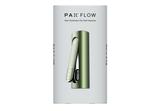 PAX FLOW retail packaging featuring the muted green vaporizer, logo, and tagline Next Generation Dry Herb Vaporizer, showcasing its advanced features and compact design.