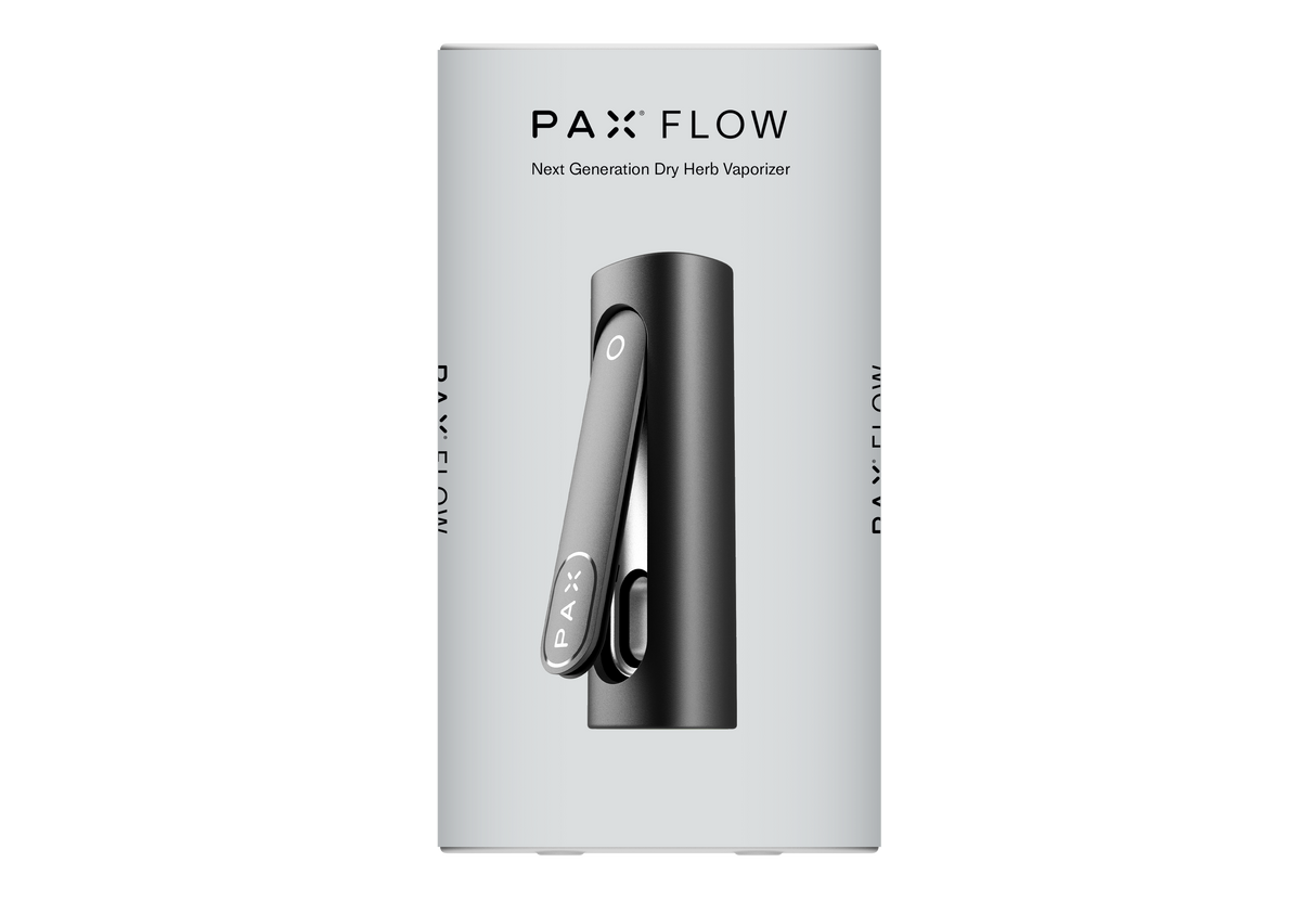 PAX FLOW retail packaging featuring the sleek black vaporizer with hinged mouthpiece, emphasizing its advanced design and next-generation dry herb vaporizing capability.
