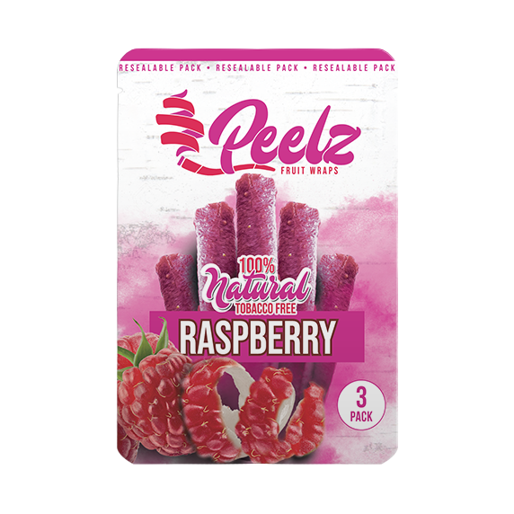 Raspberry Fruit Wrap - 3 Pack - Carton 10 shown with close-up of fruit, highlighting raspberry-based, easy-to-roll, nicotine-free wraps designed for a slow, even burn.