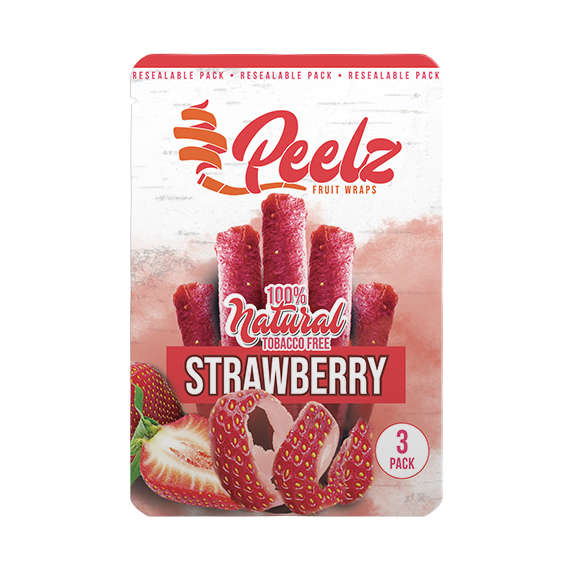 Strawberry Fruit Wrap - 3 Pack - Carton 10; close-up of a strawberry and package, highlighting real fruit composition and natural flavor.