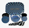 Hand Pipe Gift Set - 5 in 1 - Baby Blue Swirl featuring a hand pipe, grinder, ashtray, stash jar, and rolling tray with GET LOST pattern.