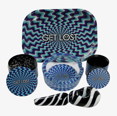 Hand Pipe Gift Set - 5 in 1 - Baby Blue Swirl featuring a hand pipe, grinder, ashtray, stash jar, and rolling tray with GET LOST pattern.
