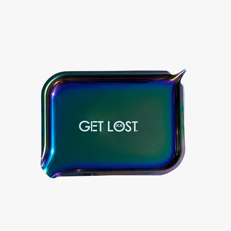 Premium Stainless Steel Tray - Multicolor with dual pour-spouts, iridescent finish, and GET LOST text, ideal for organized rolling and efficient sessions.