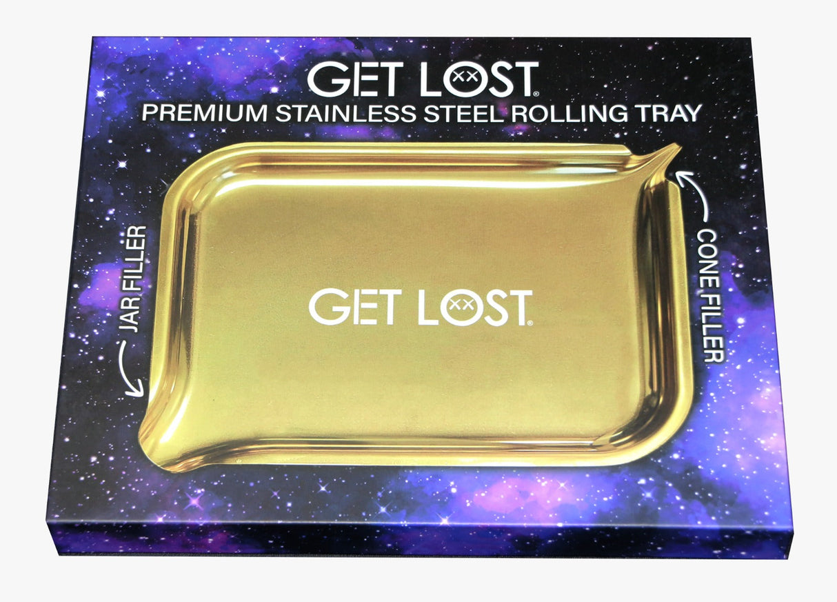 Premium Stainless Steel Tray - Multicolor, featuring a cosmic background, dual funnel design for cones and jars, and sleek, curved edges for efficient rolling and filling.
