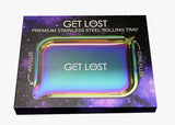 Premium Stainless Steel Tray - Multicolor with galaxy-themed packaging, showcasing its dual funnel design for jar and cone filling, and curved edges for spill prevention.