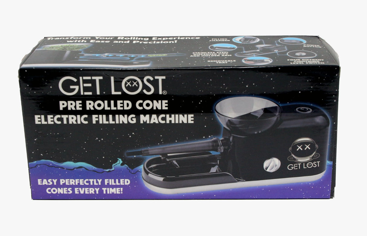 Electric Pre-Rolled Cone Filling Machine packaging showcasing the device, removable tray, stainless steel funnel, and pusher arm for easy, consistent cone filling.