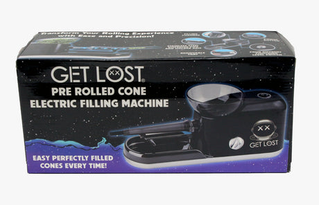 Electric Pre-Rolled Cone Filling Machine packaging showcasing the device, removable tray, stainless steel funnel, and pusher arm for easy, consistent cone filling.