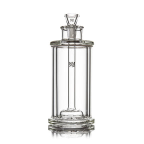 Clear glass Piston Gravity Bong with a cylindrical chamber, showerhead percolator, 18mm slide bowl, etched logo, and distinct piston shape for enhanced smoke filtration.