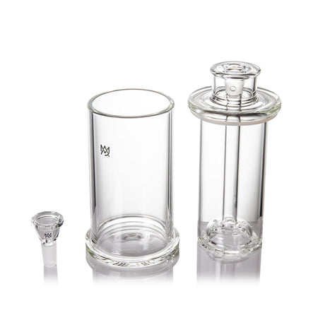 Piston Gravity Bong: Three-part clear borosilicate assembly with bowl, main chamber, and percolator cylinder, showcasing precision-engineered water filtration and modern design.