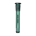 Teal-green glass downstem for water pipe, stamped HUMAN GRADE, with frosted joint and slitted diffuser. Suitable for 14mm female joints, 4.5 length.