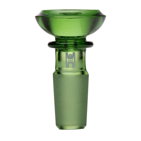 Saucer Flower Bowl - 14mm: Green glass bowl slide with a wide funnel top and frosted tapered bottom, crafted from durable borosilicate glass for secure fit and smooth airflow.