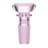 Saucer Flower Bowl - 14mm: A sleek, lavender-tinted glass bowl with a wide, shallow top and secure ground-glass joint, designed for water pipes.