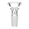 Saucer Flower Bowl - 14mm, a sleek, clear borosilicate glass bowl-slide with flared top and narrow stem, designed for smooth airflow and secure pipe fit.