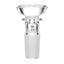 Saucer Flower Bowl - 14mm, a sleek, clear borosilicate glass bowl-slide with flared top and narrow stem, designed for smooth airflow and secure pipe fit.