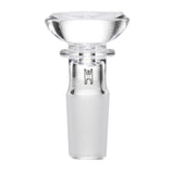 Saucer Flower Bowl - 14mm, a sleek, clear borosilicate glass bowl-slide with flared top and narrow stem, designed for smooth airflow and secure pipe fit.
