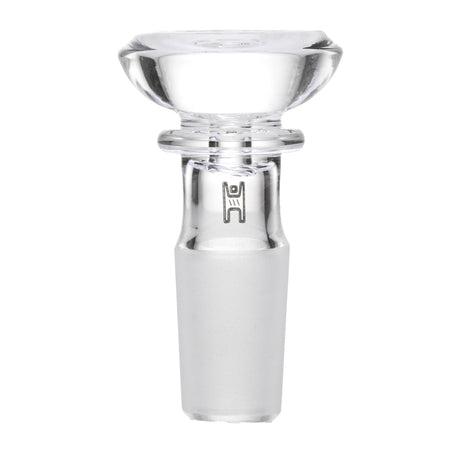 Saucer Flower Bowl - 14mm, a sleek, clear borosilicate glass bowl-slide with flared top and narrow stem, designed for smooth airflow and secure pipe fit.