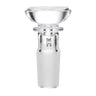 Saucer Flower Bowl - 14mm, a sleek, clear borosilicate glass bowl-slide with flared top and narrow stem, designed for smooth airflow and secure pipe fit.