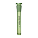 Human Grade Downstem - 14mm - 4.5 glass downstem with frosted joint, three percolation slits, and “HUMAN GRADE” printed along its length, designed for water pipes.