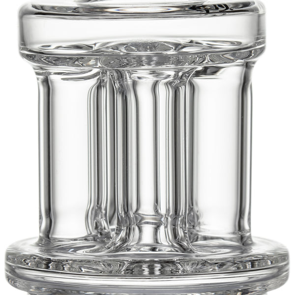 Quadra Peak Attachment: Clear glass percolator with dual discs and six vertical tubes, crafted from durable borosilicate glass for e-rig compatibility and enhanced smoke diffusion.