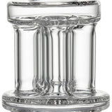 Quadra Peak Attachment: Clear glass percolator with dual discs and six vertical tubes, crafted from durable borosilicate glass for e-rig compatibility and enhanced smoke diffusion.