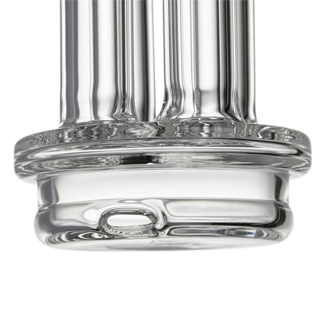 Quadra Peak Attachment close-up: thick-walled glass base with diffuser tubes and carb hole, showcasing its durable borosilicate construction and quad column design.