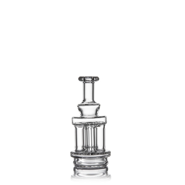 Quadra Peak Attachment: Multi-chambered borosilicate glass piece with quad column design, compatible with e-rigs, showcasing sleek, durable craftsmanship for refined aesthetics and functionality.