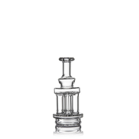 Quadra Peak Attachment: Multi-chambered borosilicate glass piece with quad column design, compatible with e-rigs, showcasing sleek, durable craftsmanship for refined aesthetics and functionality.
