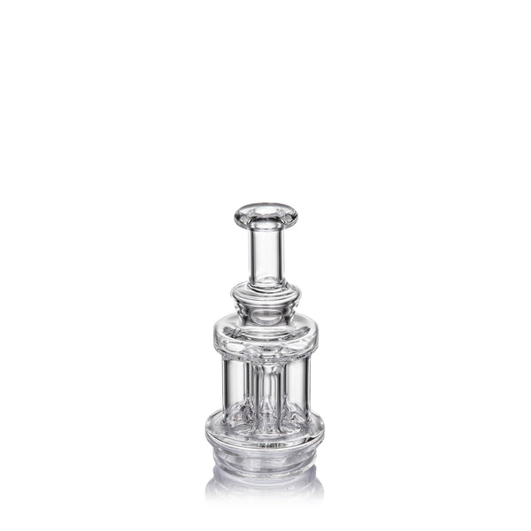 Quadra Peak Attachment: Clear-glass recycler dab rig with quad-column design, straight mouthpiece on top, and flat base. Built for e-rigs, crafted from durable borosilicate glass.