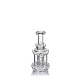 Quadra Peak Attachment: Clear-glass recycler dab rig with quad-column design, straight mouthpiece on top, and flat base. Built for e-rigs, crafted from durable borosilicate glass.