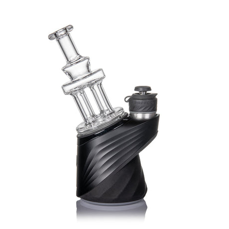 Quadra Peak Attachment, a sleek e-rig component with a black base, angled clear glass bubbler, and silicone carb cap, showcasing a distinctive quad-column design.