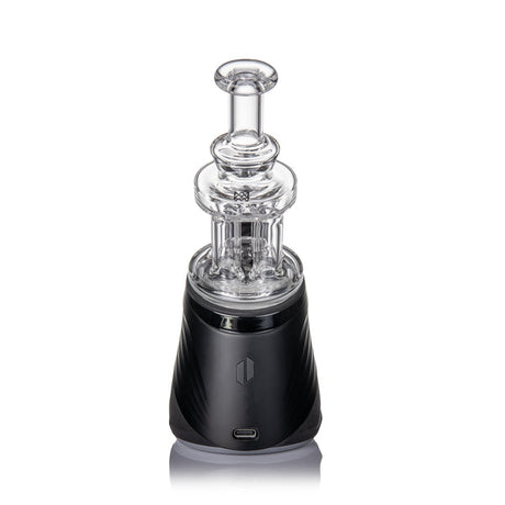 Quadra Peak Attachment features a multi-chamber glass percolator and black base with heating controls, designed for e-rig vaporization of aromatic concentrates.