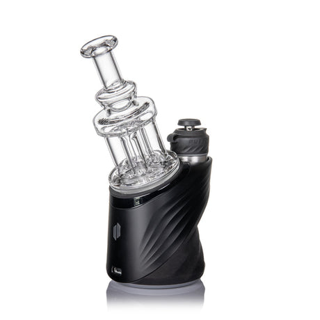 Quadra Peak Attachment: A compact e-rig vaporizer with a clear borosilicate glass bubbler, featuring a distinctive quad column design on a sculpted black base.