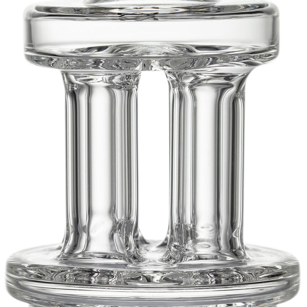 Quadra Peak Attachment: A clear, cylindrical glass structure with two circular plates connected by three glass tubes, designed for e-rig compatibility and smoke diffusion.