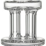 Quadra Peak Attachment: A clear, cylindrical glass structure with two circular plates connected by three glass tubes, designed for e-rig compatibility and smoke diffusion.