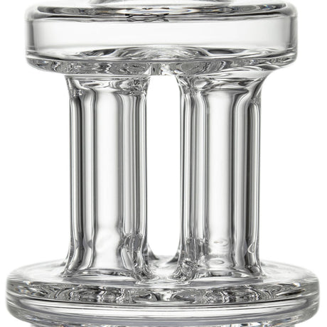 Quadra Peak Attachment: A clear, cylindrical glass structure with two circular plates connected by three glass tubes, designed for e-rig compatibility and smoke diffusion.