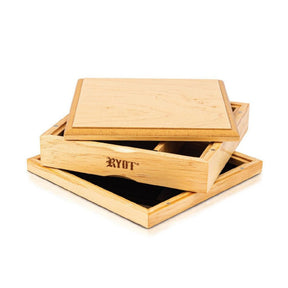 Natural Wood Storage Box - Solid Top - Large, featuring an open lid, magnetic closures, and a seamless glass base tray for efficient botanical concentrate storage.