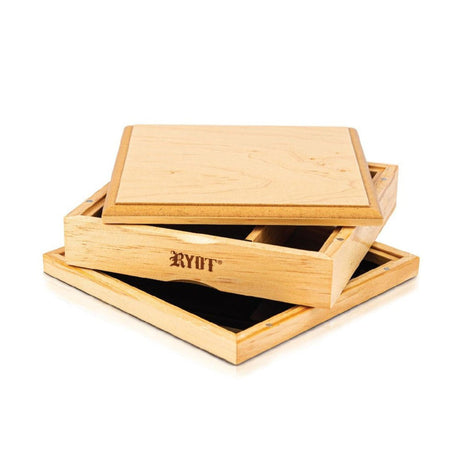 Natural Wood Storage Box - Solid Top - Large, featuring an open lid, magnetic closures, and a seamless glass base tray for efficient botanical concentrate storage.
