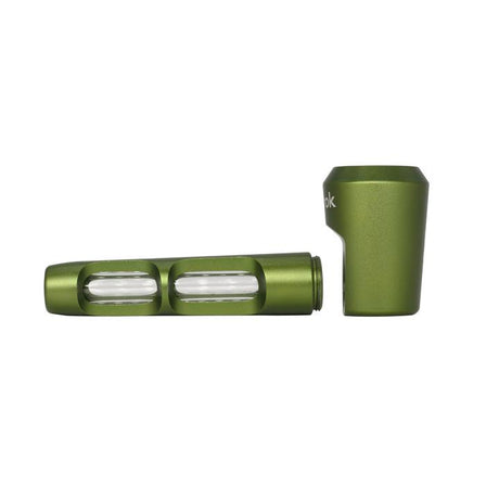 Aluminum and Glass Spoon Pipe with a green anodized aluminum dugout design, featuring two glass one-hitter tubes and a screw-on cap for portable use.