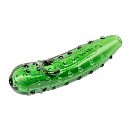 4.5 Pickle Hand Pipe, a translucent green glass pipe shaped like a bumpy pickle with a side bowl, showcases ergonomic design and durability.