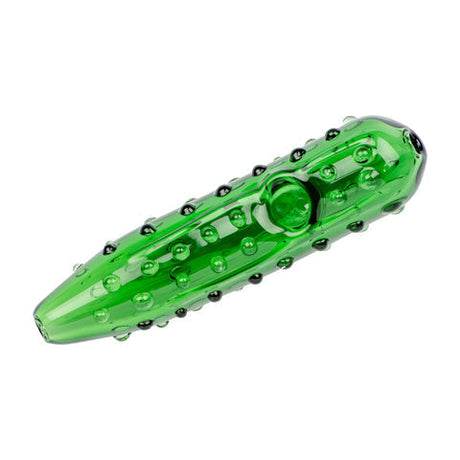 4.5 Pickle Hand Pipe, translucent green with rounded nubs, compact ergonomic design, crafted from durable borosilicate glass, featuring a playful novelty pickle motif.