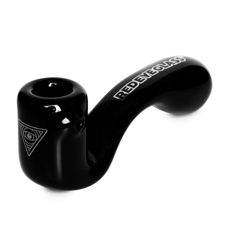 5 Sherlock Hand Pipe features a black glass design with a curved stem, REDEYEGLASS branding, and an engraved all-seeing eye logo on the bowl.