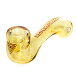 5 Sherlock Hand Pipe in amber borosilicate glass, featuring a rounded bowl, carb hole, mouthpiece, and REDEYEGLASS branding along the stem.