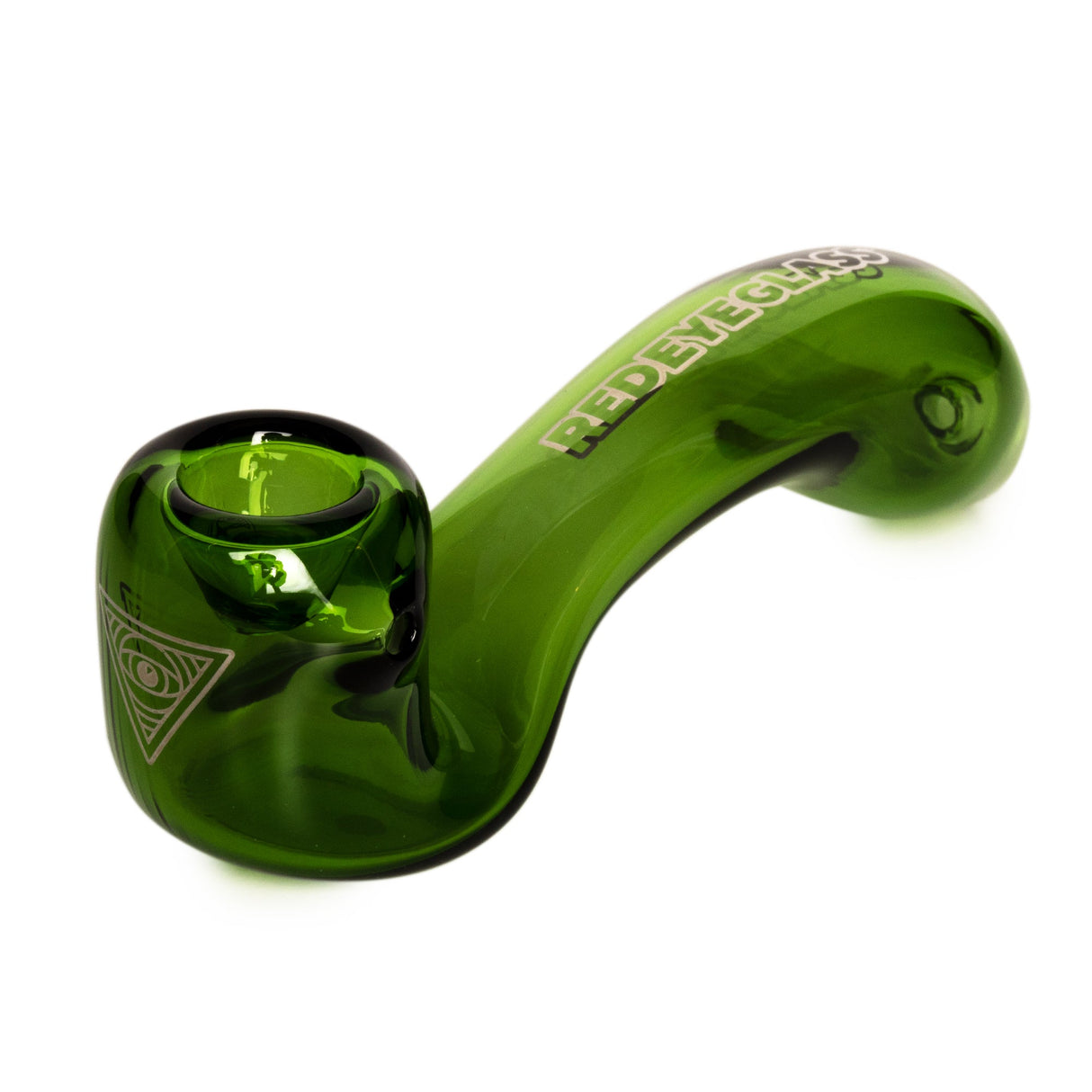 Green 5 Sherlock Hand Pipe by Red Eye Glass® with a curved stem, rounded bowl, and “REDEYEGLASS” branding, crafted from hand-blown borosilicate glass.
