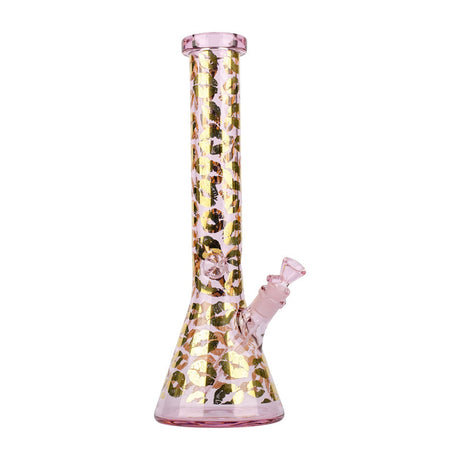 15 Tall Beaker Tube - Pink Lips in pink borosilicate glass with gold leopard-print, features a stable beaker design, angled down-stem, and removable bowl.