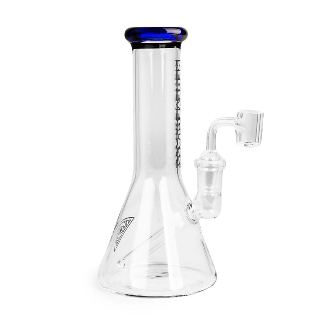 8 Tall Concentrate Beaker Bong with cobalt-blue lip, clear glass, fixed joint, and quartz banger for dabbing; durable borosilicate glass construction.