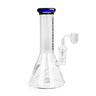 8 Tall Concentrate Beaker Bong with cobalt-blue lip, clear glass, fixed joint, and quartz banger for dabbing; durable borosilicate glass construction.