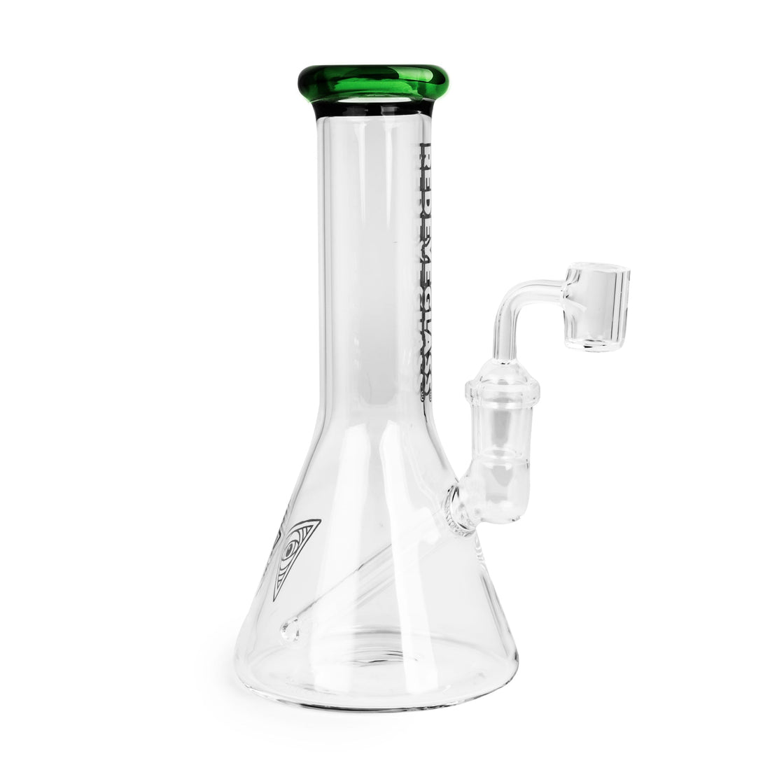 8 Tall Concentrate Beaker Bong, features a clear beaker-style design with quartz banger, green-tinted mouthpiece, crafted from durable borosilicate glass for versatile use.